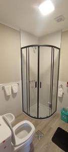 a bathroom with a glass shower and a toilet at Cabañas La Serena in Chicoana +15 photos