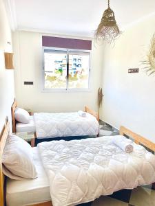 Rúm í herbergi á Waveside Hostel
