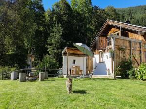 a rabbit standing in the grass in front of a house at Cabin in Stans near Kellerjoch Ski Area in Stans