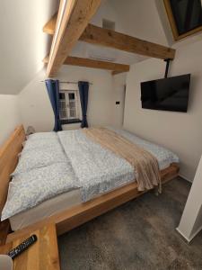 a bedroom with a bed and a flat screen tv at Podkrovní stylový mezonetový apartmán in Kunratice