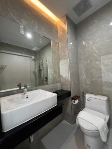 金三角View khong Hotel โรงแรมวิวโขง的带水槽、马桶和镜子的浴室