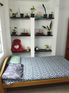 a bedroom with a bed with plants on shelves at KINGS TOWN - Serene Bliss County in Coimbatore