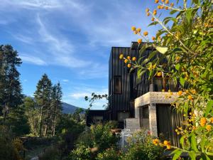 a house with black cladding on the side of it at Complejo EL PAÑIL in Lago Puelo