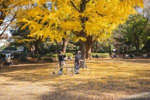 two people walking their bikes in a park at hanare in Tokyo