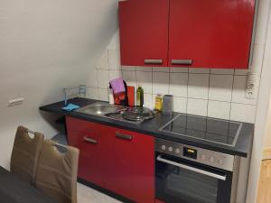 a small kitchen with red cabinets and a sink at Charlotte II in Neustadt bei Coburg +8 photos