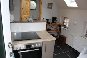 a kitchen with a stove and a counter top at Haus Oltmanns in Wangerland