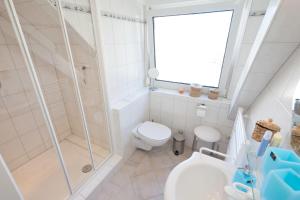 グレーミッツにあるFerienwohnung Seeblickのシャワー、トイレ、洗面台を備えたバスルーム