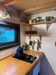 a kitchen with a stove and a tv on the wall at Tiny house au coeur de la foret in Les Martys