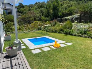 a rubber duck sitting in the grass next to a swimming pool at The Lily Suite in Plettenberg Bay