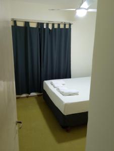 a bedroom with a bed with a blue curtain at Dpto del Centro in Rosario