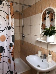 a bathroom with a sink and a shower at Pensjonat Klaudia in Ostrowo +119 photos