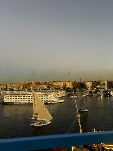 a group of sailboats in the water near a city at Mostafa Jamaica guesthouse in Aswan