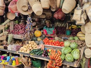 a woman sitting in front of a market with fruits and vegetables at Peace and Love Garden in Mto wa Mbu