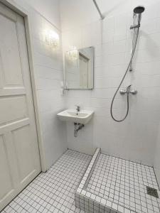 a white bathroom with a sink and a shower at Apartment Katowice Center - Słowackiego in Katowice