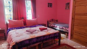 a bedroom with two beds with pink walls and windows at Maison Touria in Ouzoud