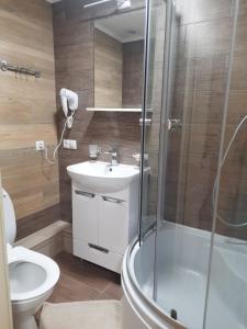 a bathroom with a shower and a sink and a toilet at Villa Opir in Skole