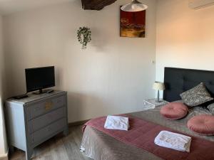 卡尔卡松Vue imprenable cité Carcassonne - 4 personnes的卧室里有一张床，梳妆台上放着一台电视。