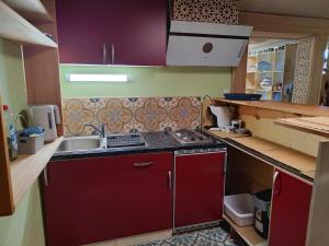 a small kitchen with red cabinets and a sink at Gemütliches 2 Bettzimmer mit Gemeinschaftsbad und kleiner Küche in Alberschwende