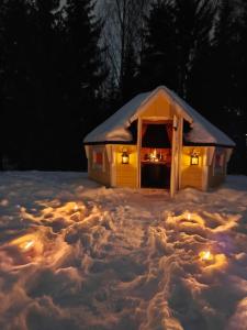 domek dla psów ze światłami w śniegu w nocy w obiekcie Villa Pare w mieście Rovaniemi