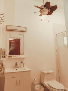 a bathroom with a toilet and a ceiling fan at Maison Rouge - Room 4 in Christiansted