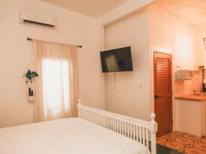 a bedroom with a bed and a tv on the wall at Maison Rouge - Room 4 in Christiansted