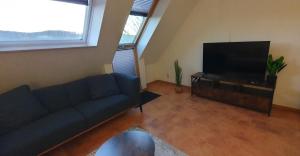 アイゼナハにあるWohlfühlapartment - 3 Schlafzimmer - Dachterrasse - kostenlos parkenのソファと薄型テレビのあるリビングルーム