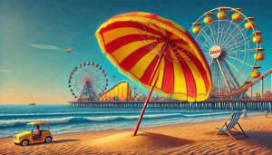 un dipinto di una spiaggia con ruote panoramiche e una macchinina giocattolo di Suíte Park e Mar quarto 2 a Penha