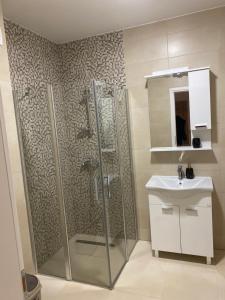a bathroom with a shower and a sink at Pale apartman Gold in Pale