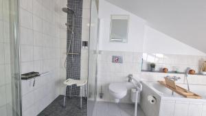 a bathroom with a shower and a toilet and a sink at CEC-Spezial, 2 Wohnungen nebeneinander, bis 12 Personen, Klimaanlage, Parkplätze in Cremlingen