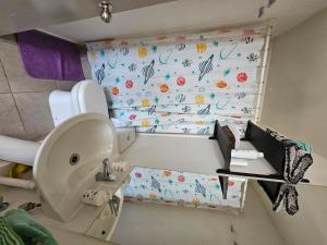 ein Badezimmer mit WC und eine Wand mit Schmetterlingen in der Unterkunft Cómodo departamento in La Serena