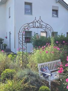 a garden with a bench and an arch and flowers at Ferienwohnung am Salmtalradweg Region Eifel Mosel in Sehlem +11 photos