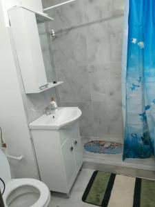 Un baño con inodoro blanco y ducha. en Garsonieră confort 1, en Buzau