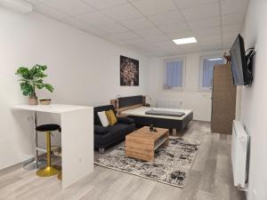 a living room with a couch and a table at Offbase Lodging No9 in Ramstein-Miesenbach +4 photos
