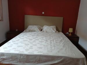 ein Bett mit einer weißen Bettdecke und 2 Kissen in der Unterkunft Mille Nuits Appartement in Tarrafal