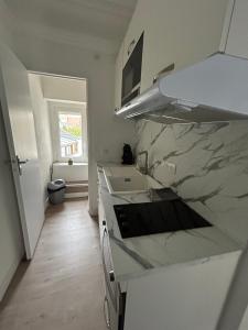 a kitchen with a marble counter top and a sink at Appartement le petit Royal in Cormelles +11 photos