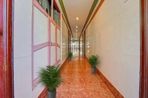 an empty hallway with potted plants in a building at Hotel O Sasti Inn in Pondicherry