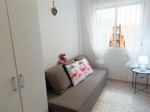 サン・ペドロ・デル・ピナタルにあるVILLA FLAMINGO San Pedro del Pinatar Beach Houseのリビングルーム(ソファ、枕2つ付)