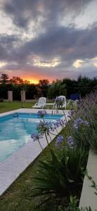 a swimming pool with two lawn chairs and purple flowers at Cabañas Casa Clara in Santa Rosa de Calamuchita