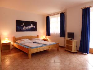 ザラカロシュにあるRelax Apartment Houseのベッドルーム(青いカーテン、テレビ付)