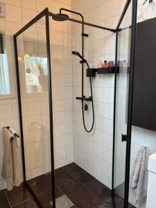 eine Dusche mit Glastür im Badezimmer in der Unterkunft Modern & cozy house in Trondheim + 30 Fotos