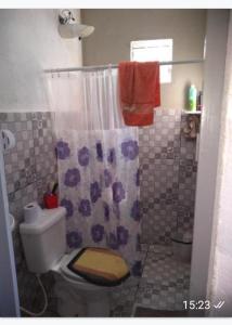 a bathroom with a toilet and a shower at Kitnet Inteira São P da Aldeia in São Pedro da Aldeia +40 photos
