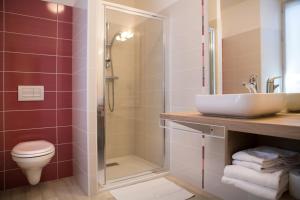 een badkamer met een douche, een wastafel en een toilet bij Hotel Restaurant Le Sully in Saint-Saud-Lacoussière