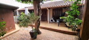 a house with a patio with trees and a bench at Casa no centro aproveite o melhor de Foz in Foz do Iguaçu