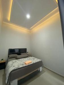 a bedroom with a bed with a mirror on the ceiling at Villa Kenangan in Tlekung +1 photo