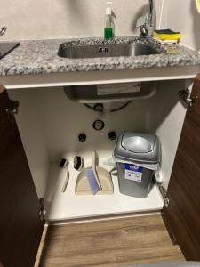a sink and a trash can under a sink at Cómodo y confortable Estudio in Cochabamba