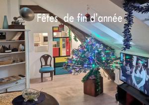 a living room with a christmas tree and a tv at Atelier d'Art - vue panoramique in Moret-sur-Loing