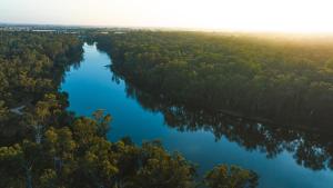 an aerial view of a river with trees at Tocumwal Chocolate School Glamping in Tocumwal +8 photos