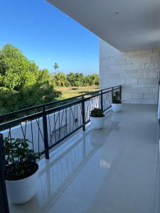 d'un balcon avec trois plantes en pot et une balustrade. dans l'établissement Casa Privada Acapulco, à Acapulco
