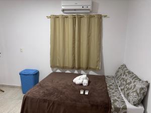a small bedroom with a bed with a curtain at Residência Naiote in Japaratinga
