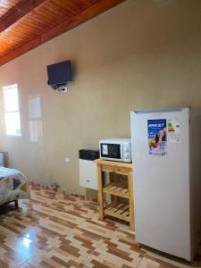 a kitchen with a refrigerator and a microwave on a table at catalina n3 in Neuquén